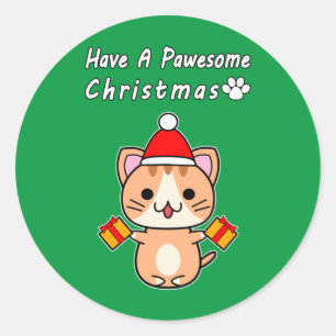 Sticker Rond Joyeux Noël Pawesome - Chat tigré roux