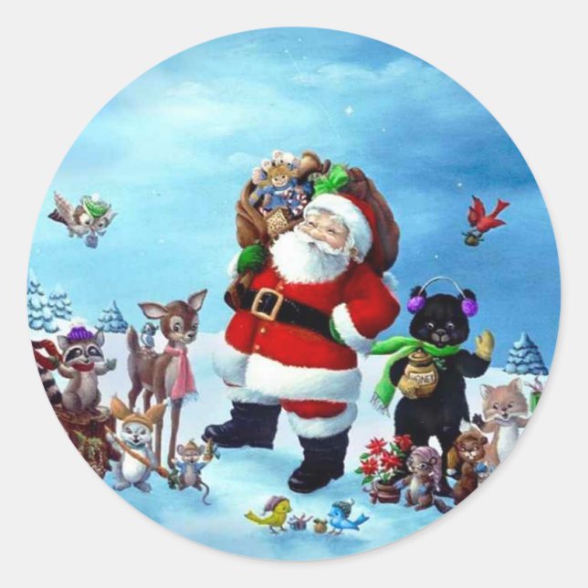 Sticker Rond Joyeux Noël Père Noël Avec Animaux (Devant)
