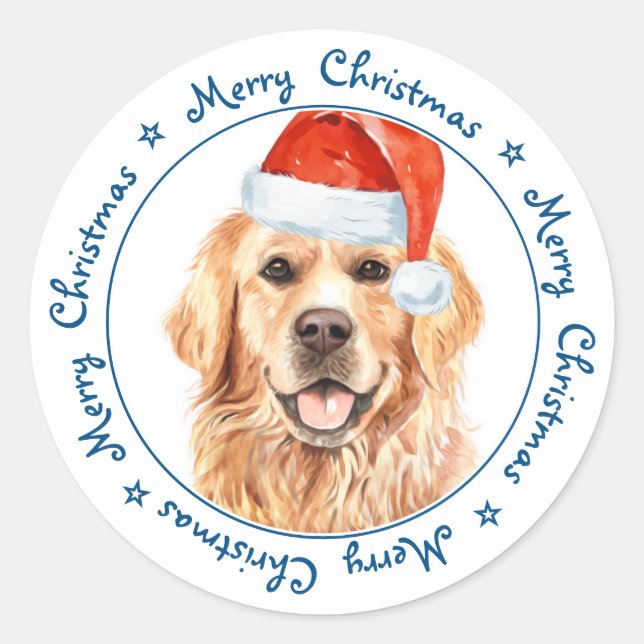 Sticker Rond Joyeux Noël Père Noël Chien Golden Retriever (Devant)
