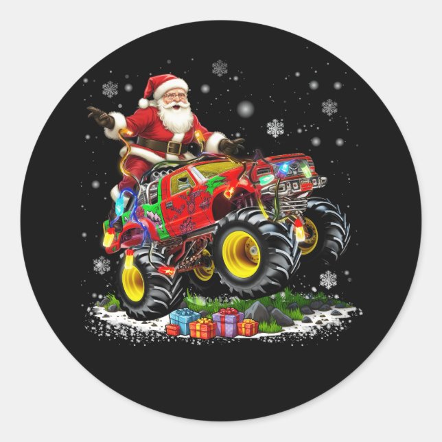Sticker Rond Joyeux Noël Père Noël équitation Monster Camion F (Devant)