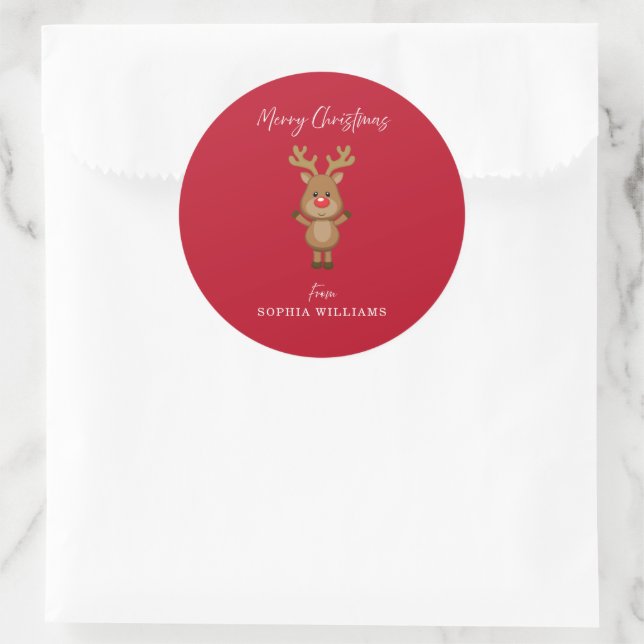 Sticker Rond Joyeux Noël Père Noël Renne de Présente Rouge (Sac)
