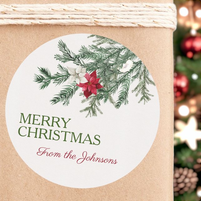 Sticker Rond Joyeux Noël personnalisé Ajouter un nom Aquarelle  (Créateur téléchargé)