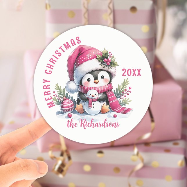 Sticker Rond Joyeux Noël personnalisé blanc et rose mignon ping (Créateur téléchargé)
