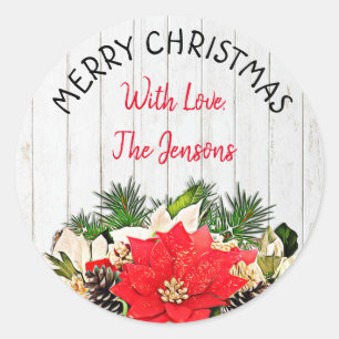 Sticker Rond Joyeux Noël Personnalisé Poinsettia