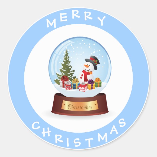 Sticker Rond Joyeux Noël personnalisé Snowman Snowglobe (Devant)