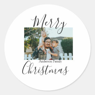 Sticker Rond Joyeux Noël photo de famille moderne élégant rusti