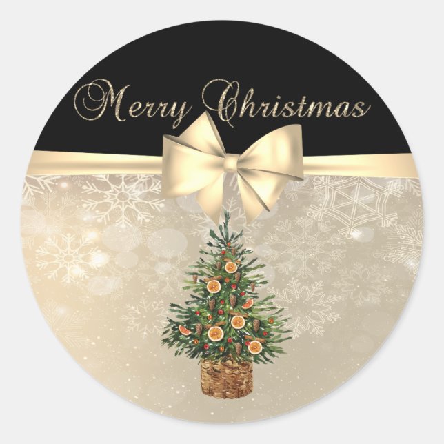 Sticker Rond Joyeux Noël, Pine Tree Orange, Snowflakes, Bow (Devant)
