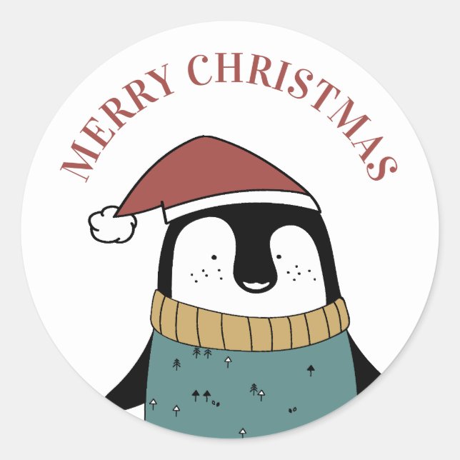 Sticker Rond Joyeux Noël. Pingouin mignon. Animal drôle Père No (Devant)