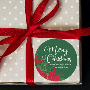 Sticker Rond Joyeux Noël Poinsettia Elegant Green Business