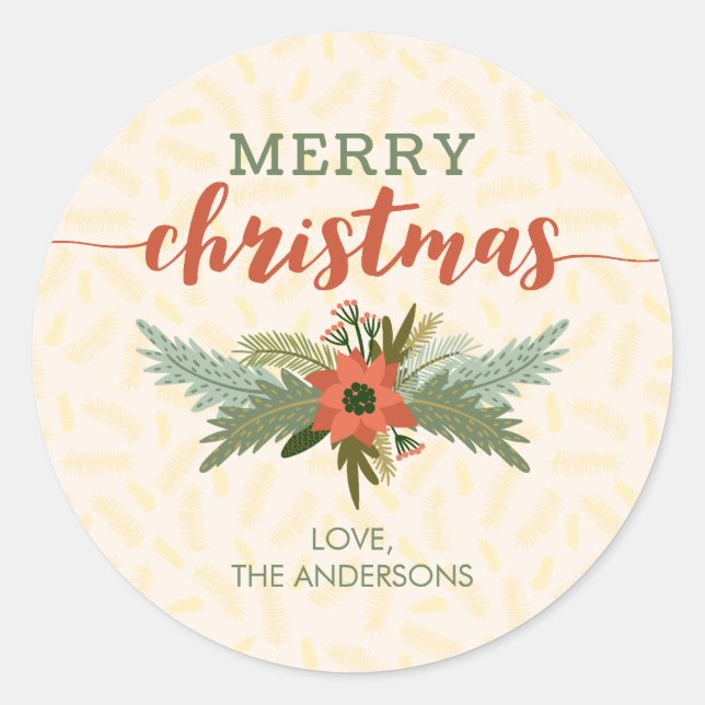 Sticker Rond Joyeux Noël Poinsettia Foliage cadeau de vacances (Devant)