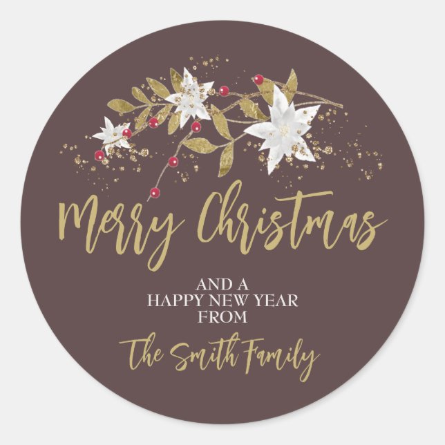 Sticker Rond Joyeux Noël Poinsettia Traditionnel Élégant (Devant)