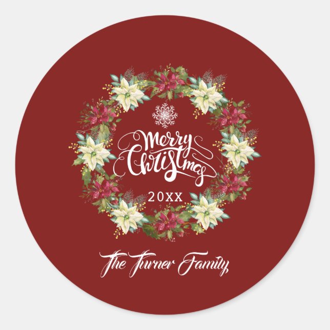 Sticker Rond Joyeux Noël Poinsettia Wreath Monogramme (Devant)