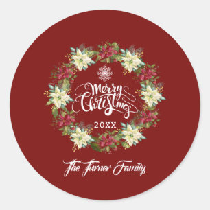 Sticker Rond Joyeux Noël Poinsettia Wreath Monogramme