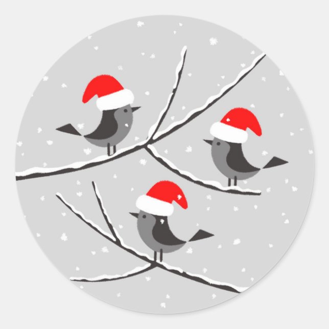Sticker Rond Joyeux Noël Red Santa Hat Birds (Devant)