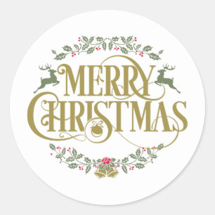 Sticker Rond Joyeux Noël Reindeer Holly Berries