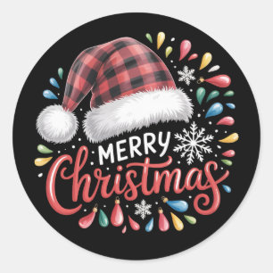 Sticker Rond Joyeux Noël Renne Noël Famille Plaid Rouge