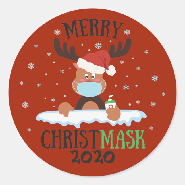Sticker Rond Joyeux Noël rennes masque visage désinfectant (Devant)