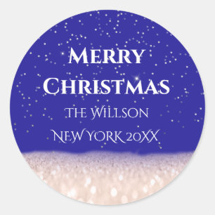 Sticker Rond Joyeux Noël Rose de neige Royal Blue Confetti