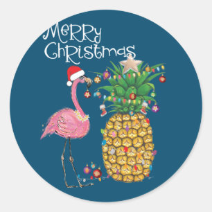 Sticker Rond Joyeux Noël rose Flamant rose Noël