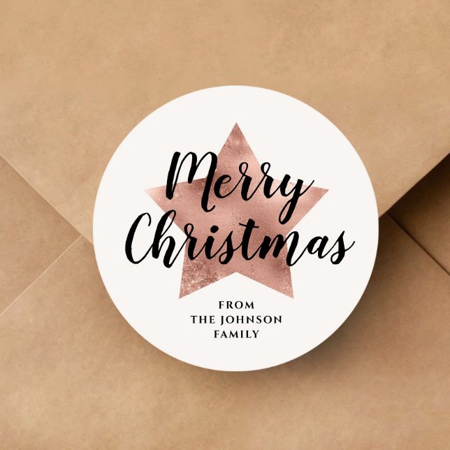 Sticker Rond Joyeux Noël Rose Gold Star (Merry Christmas Rose Gold Star Classic Round Sticker)