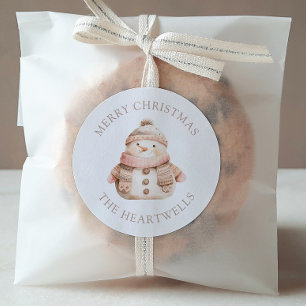 Sticker Rond Joyeux Noël rose personnalisé bonhomme de neige mi