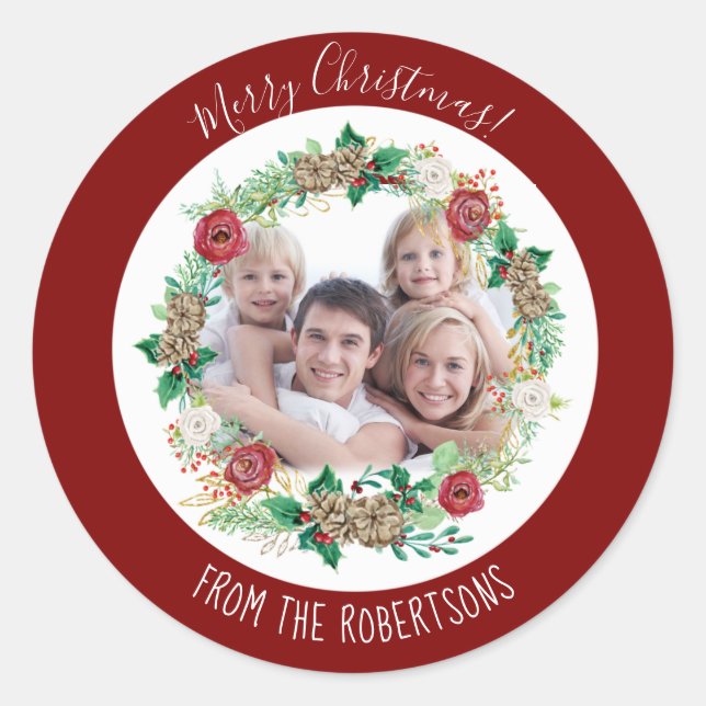 Sticker Rond Joyeux Noël Rouge Aquarelle Wreath Photo famille (Devant)