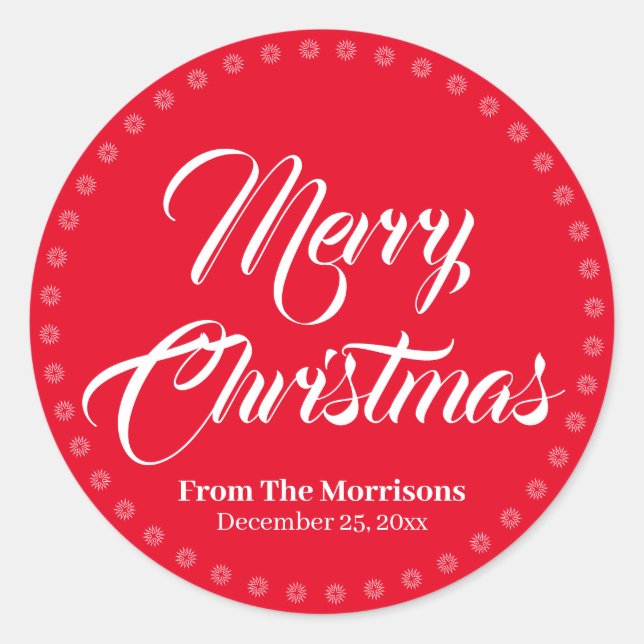 Sticker Rond Joyeux Noël rouge blanc nom de script personnalisé (Devant)