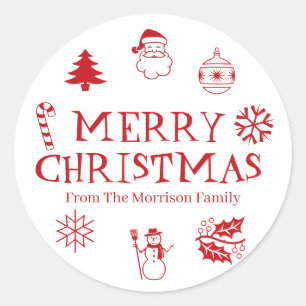 Sticker Rond Joyeux Noël rouge blanc nom personnalisé mignon fa