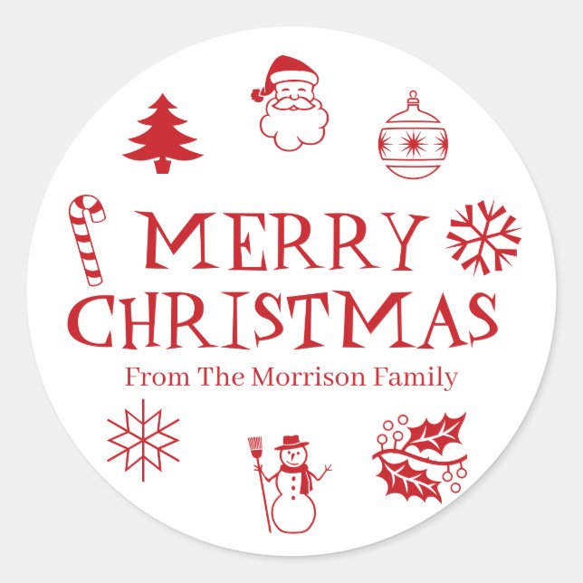 Sticker Rond Joyeux Noël rouge blanc nom personnalisé mignon fa (Devant)