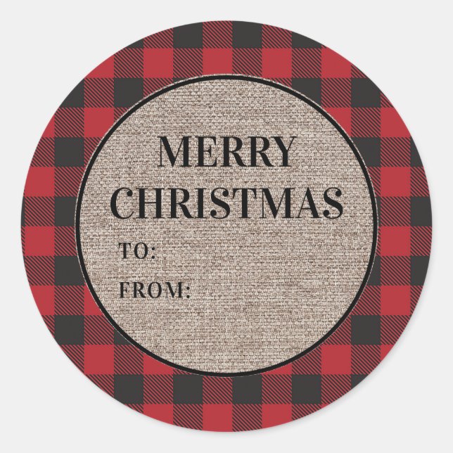 Sticker Rond Joyeux Noël Rouge Buffalo Laid Burlap De (Devant)