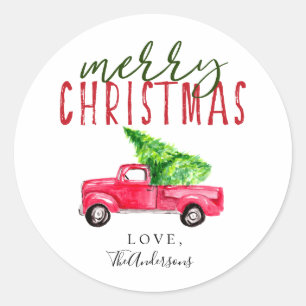 Sticker Rond Joyeux Noël Rouge Camion pin Aquarelle