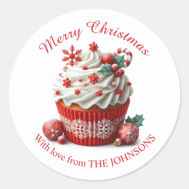 Sticker Rond Joyeux Noël Rouge Cupcake avec chevalet d'amour (Devant)