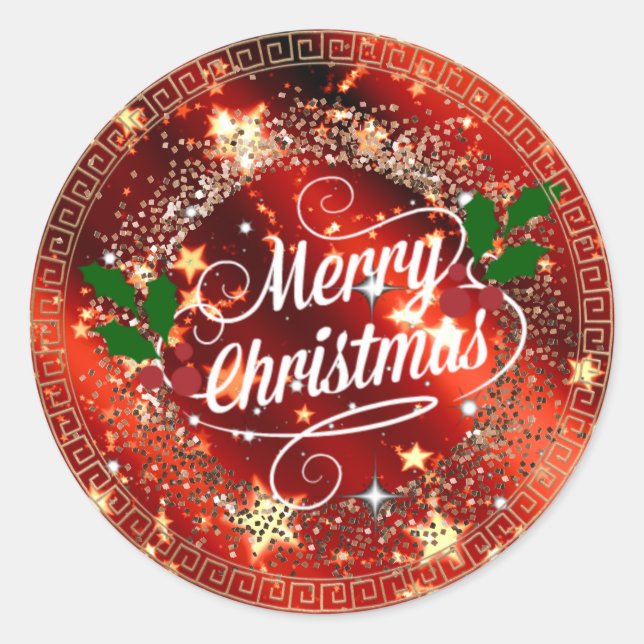 Sticker Rond Joyeux Noël, rouge et or étincelant, (Devant)