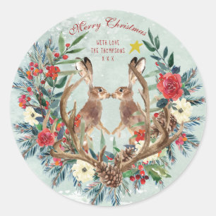 Sticker Rond Joyeux noël rouge floral lièvres d'hiver