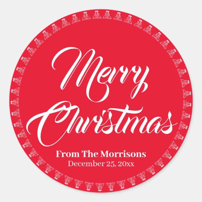 Sticker Rond Joyeux Noël rouge nom de script personnalisé faveu (Devant)
