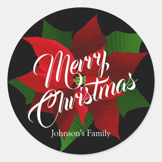 Sticker Rond Joyeux Noël - Rouge Poinsettia Noël (Devant)