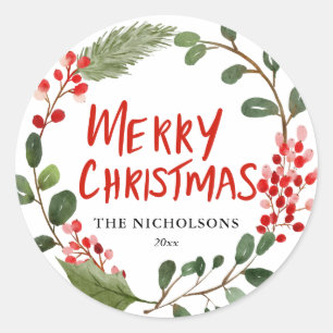 Sticker Rond Joyeux Noël Rouge Script Aquarelle Holly Wreath