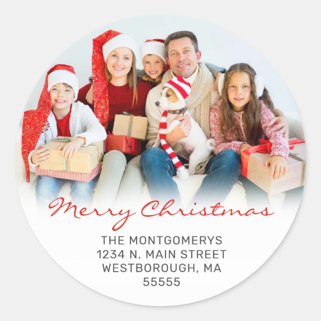 Sticker Rond Joyeux Noël Rouge Script Family Photo Adresse (Devant)