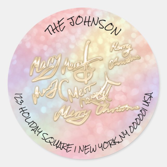 Sticker Rond Joyeux Noël RSVP Gold Holographic Adresse Nom (Devant)
