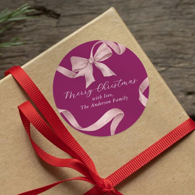 Sticker Rond Joyeux Noël Ruban Rose (Créateur téléchargé)