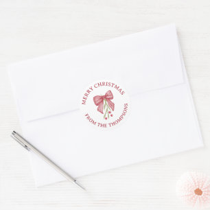 Sticker Rond Joyeux Noël Ruban Rouge Aquarelle Branche de Baies