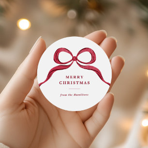 Sticker Rond Joyeux Noël Ruban Rouge Aquarelle Élégant