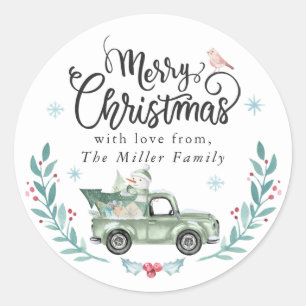 Sticker Rond Joyeux Noël Rustique Camion vert hiver Floral