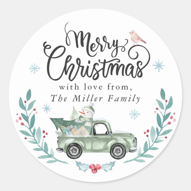 Sticker Rond Joyeux Noël Rustique Camion vert hiver Floral (Devant)