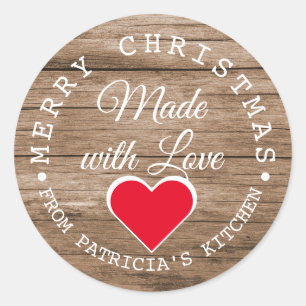 Sticker Rond Joyeux Noël Rustique En Bois Fait Avec Amour