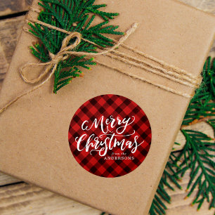 Sticker Rond Joyeux Noël rustique Script Rouge Plaid