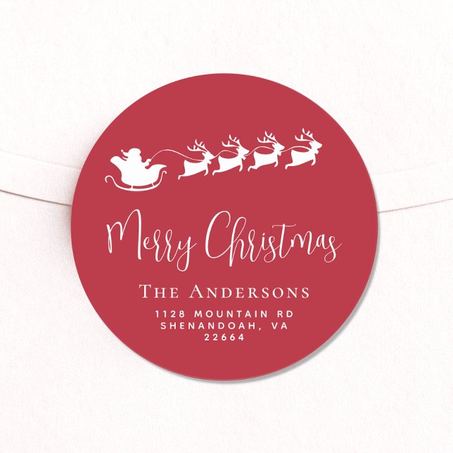 Sticker Rond Joyeux Noël Santas Sleigh Red Retour Adresse (Créateur téléchargé)