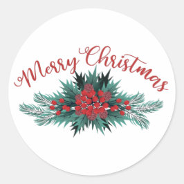 Sticker Rond Joyeux Noël Sapin Branche de houx Baie Poinsettia