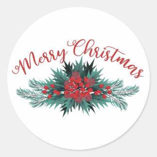 Sticker Rond Joyeux Noël Sapin Branche de houx Baie Poinsettia