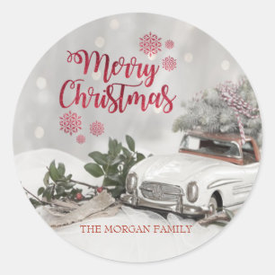 Sticker Rond Joyeux Noël,Sapin,Voiture,Baie de houx